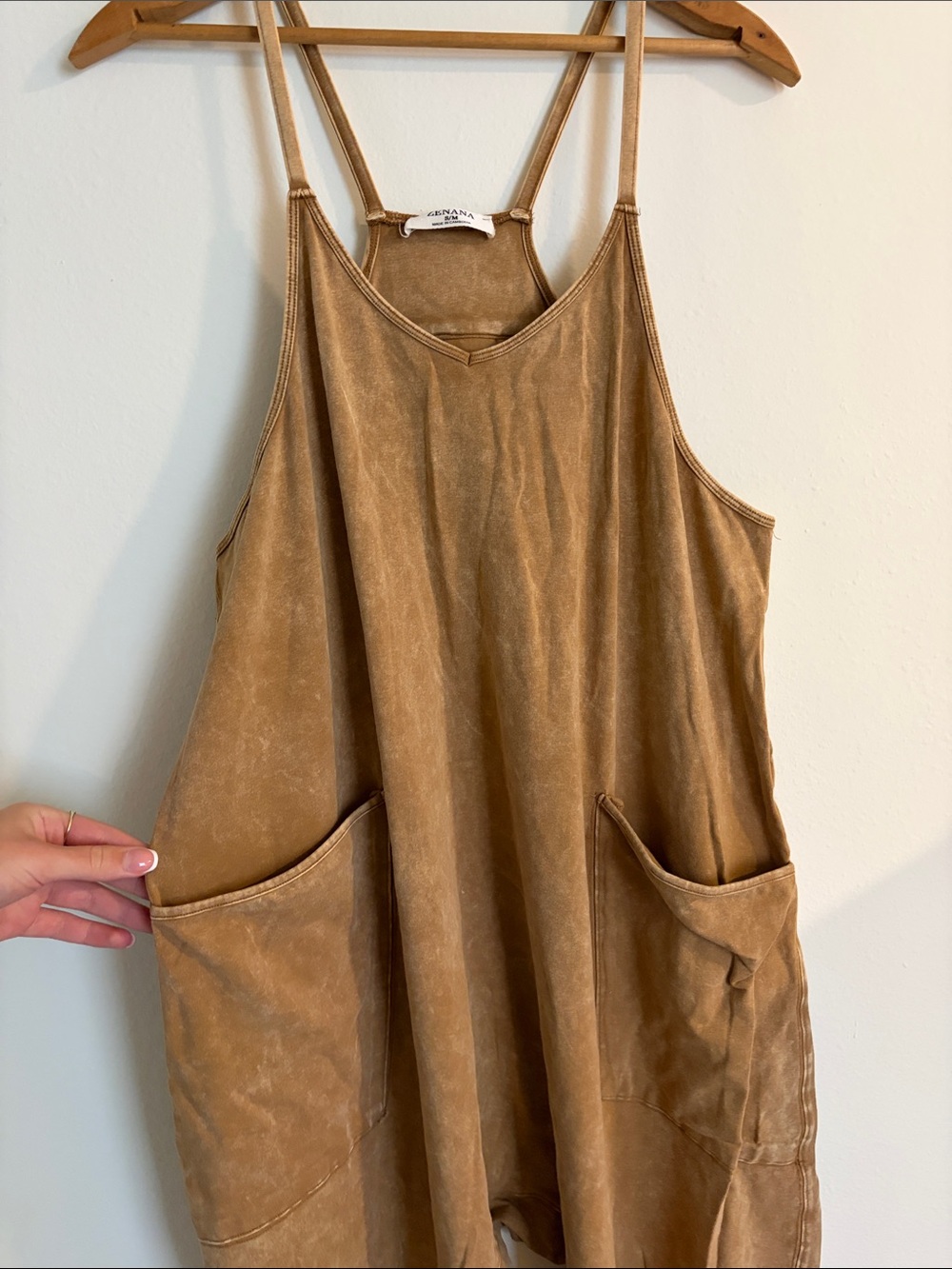 Zenana Outfitters Washed Tan Pocket Jumpsuit